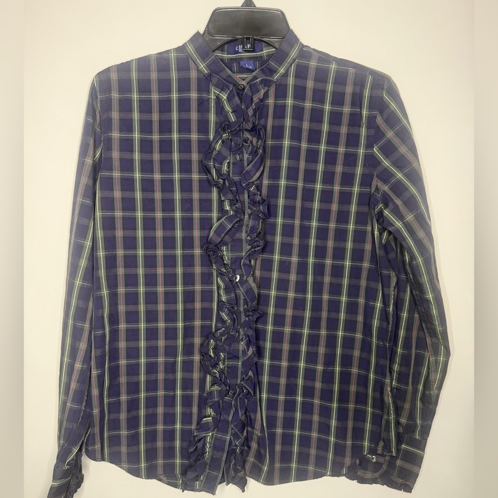 Chaps Womens Navy and Green Plaid Check Button Down Preppy Shirt w/Ruffle trim L